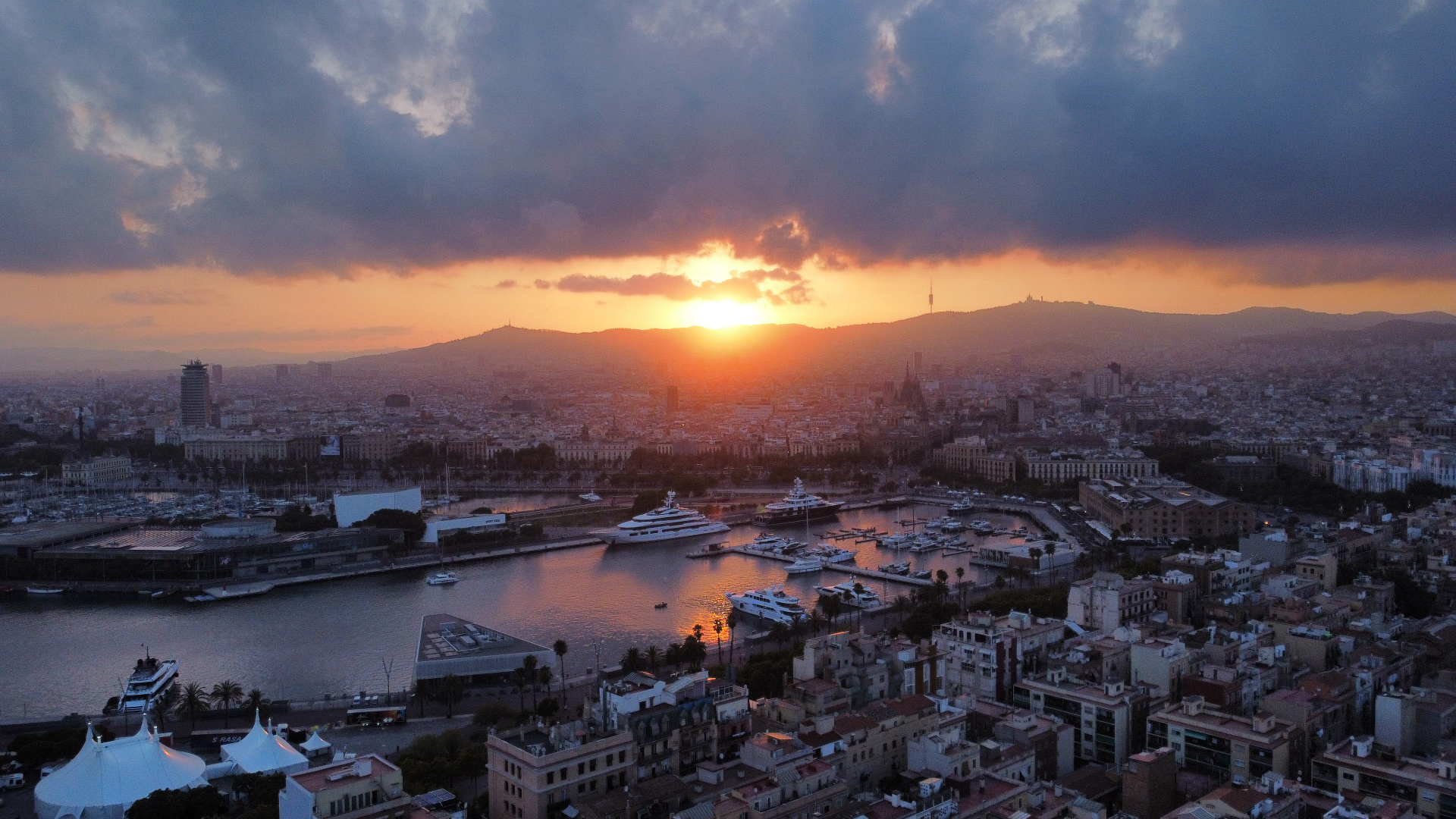Barcelona harbour at sunset